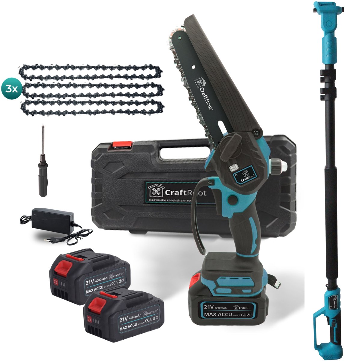 CraftRoot Elektrische Mini Kettingzaag + Telescopische Verlengstok – 270cm Bereik - Draadloze Compacte Kettingzaag met Automatische Kettingsmering - Handkettingzaag - Snoeizaag - Takkenzaag - 2x 4.0Ah Accu's - Opberg Koffer - Brushless