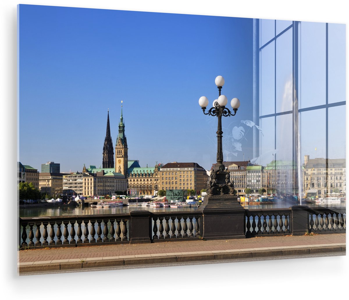 ® Glasschilderij 90x60 cm - Schilderij acrylglas - Stadhuis - Hamburg - Fontein - Foto op
