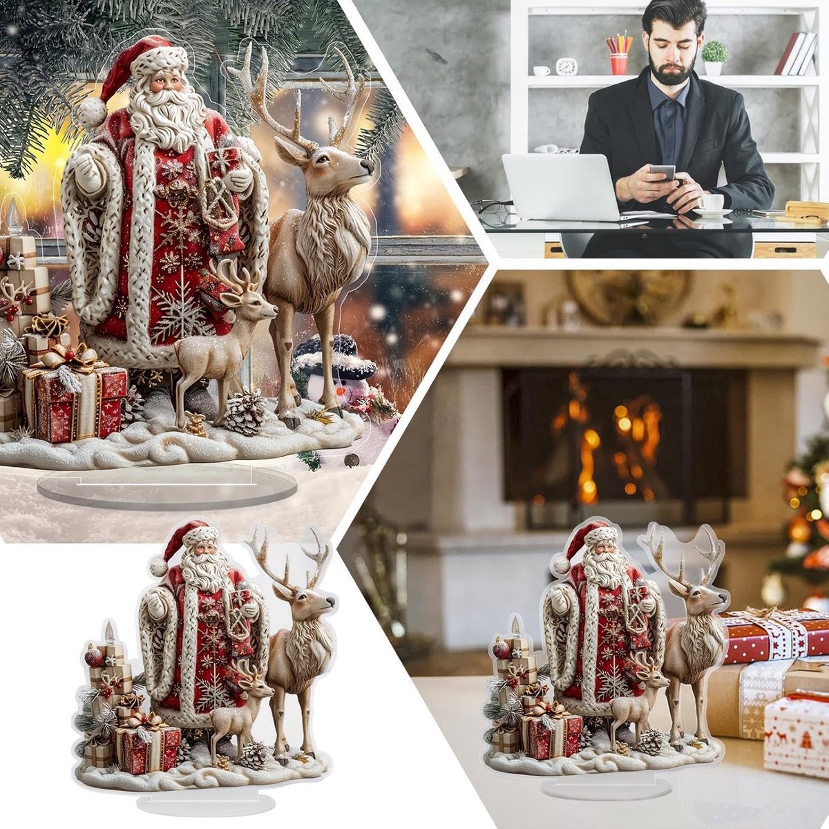 Kerstbeeldje Santa Rendier - Kerstfiguren eland - Feestelijke decoratie - Gemaakt van acryl - Ca. 20 cm hoog - Meerkleurig – foto 3