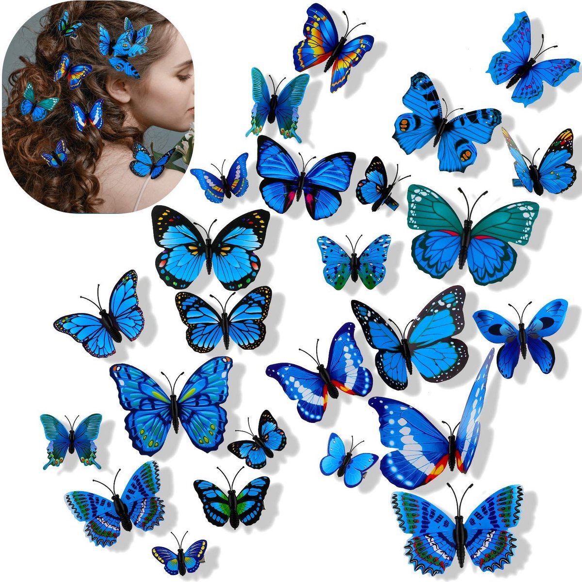 aladdien - Vlinder Haarclips - Handgemaakte Haaraccessoires - 24 Stuks - Blauw - Realistisch Design - Geschikt voor Vrouwen en Meisjes