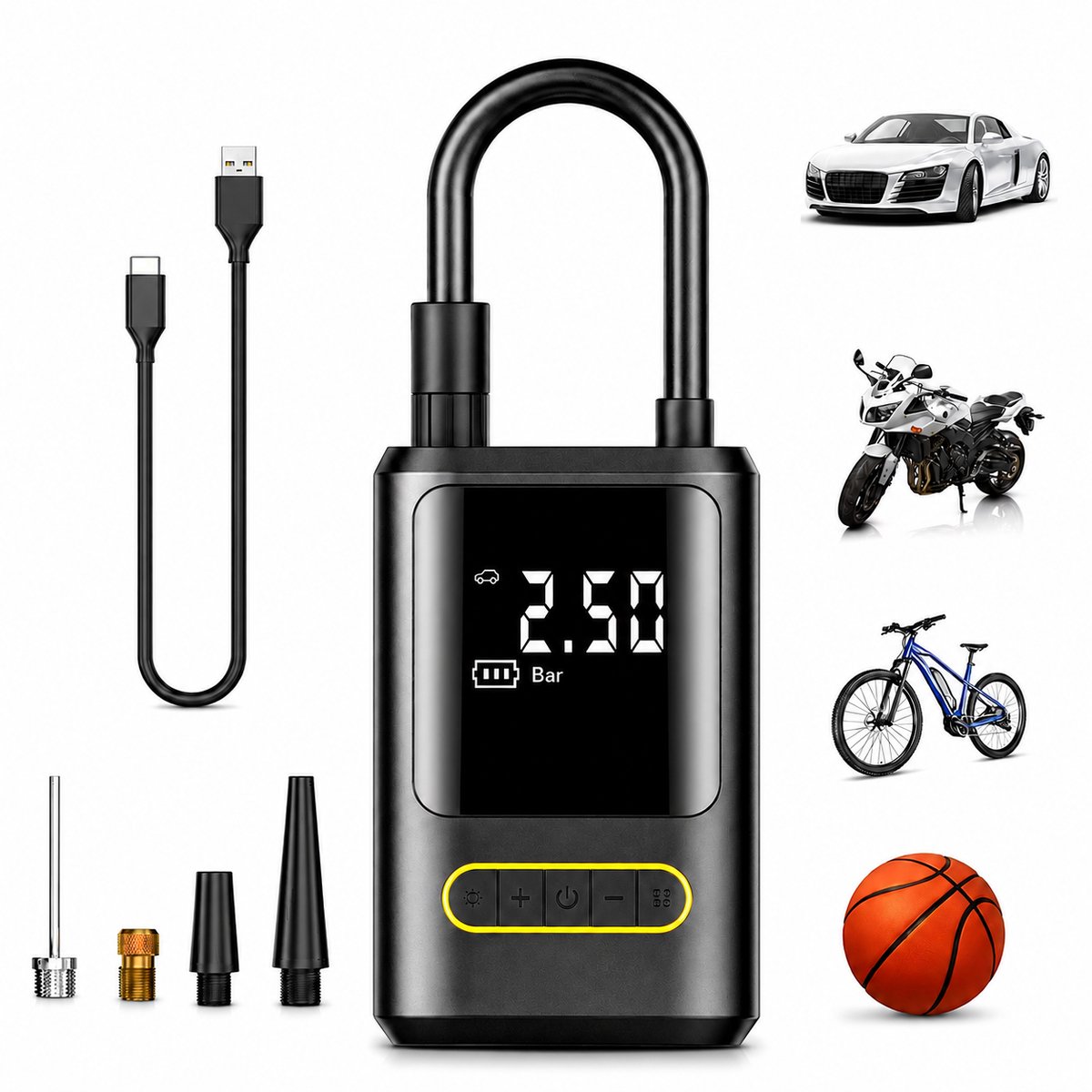 La Vida Luxe Elektrische Bandenpomp 4000 mAh – Bandenpomp Elektrisch tot 10,3 Bar / 150 PSI – USB Oplaadbare Fietspomp & Autobanden Pomp – Draagbare Luchtcompressor – Ballenpomp Elektrisch met LED Noodlamp