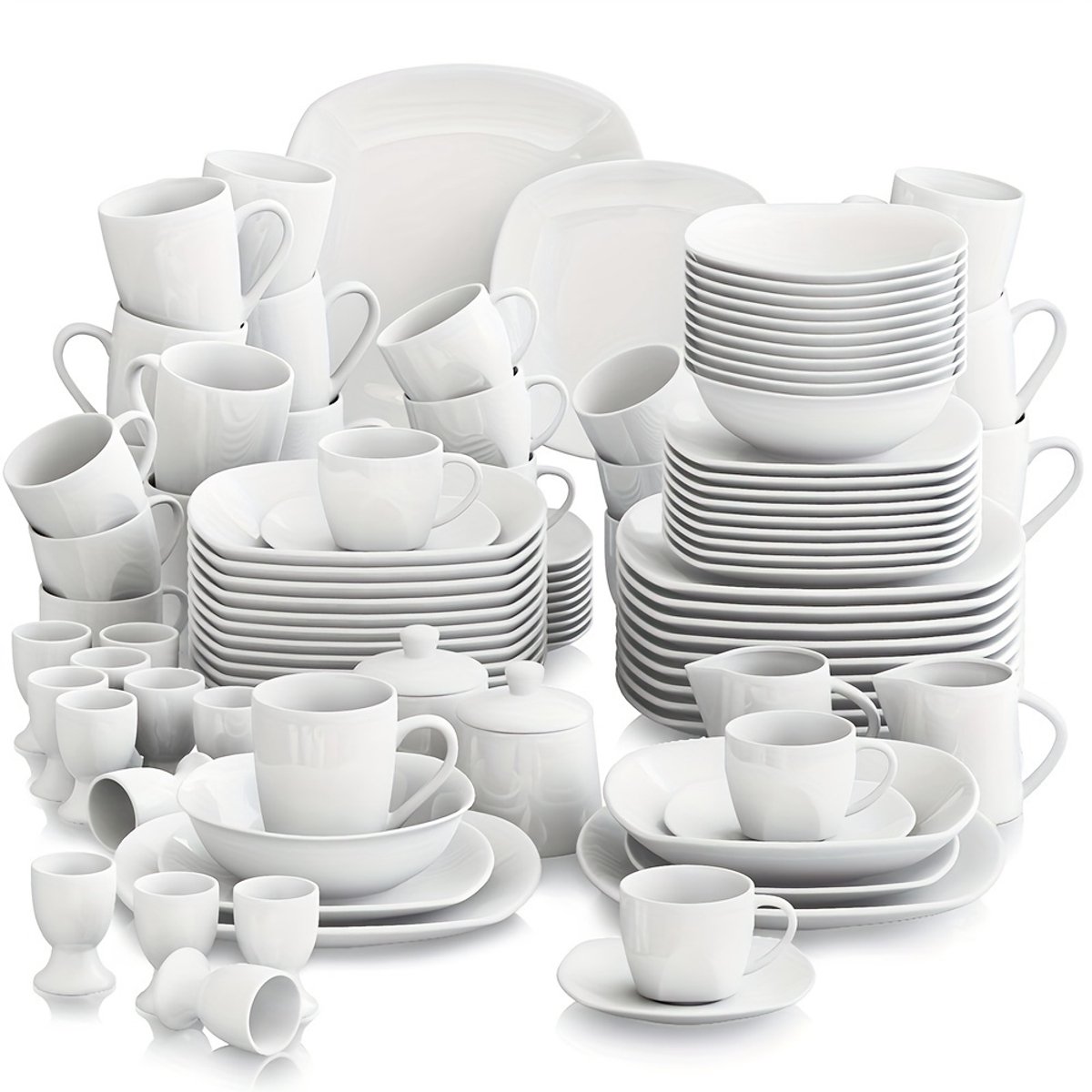 CINK Living® 100-Delig Luxe Porseleinen Serviesset – Compleet Wit Servies voor 12 Personen – Borden, Kommen, Mokjes, Kopjes & Schalen – Magnetron & Vaatwasserbestendig