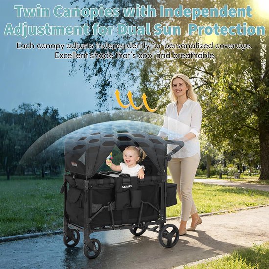 Opvouwbare Bolderkar voor 2 Kinderen - All-Terrain Wielen - Met Zonnekap & Snacktafel - 5-Punts Veiligheidsgordel - Max. 60kg - Zwart van Merkloos — afbeelding 4