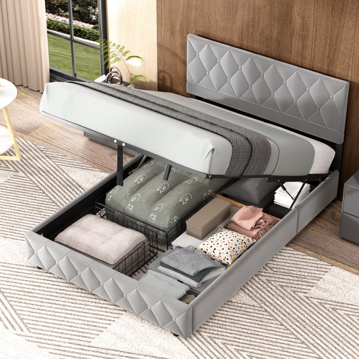 MODFU Gestoffeerd Bed 140x200 cm – 204x104,5x100-110 cm – Hollands fluweel – Zacht hoofdbord – Incl. lattenbodem – Hotelgevoel grijs
