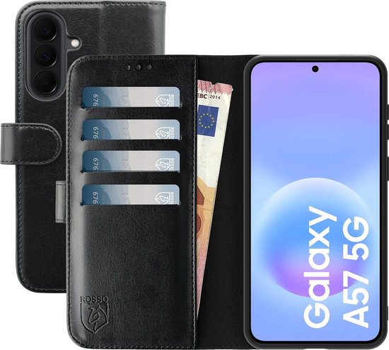 Zwart portemonnee hoes voor Samsung Galaxy A57 met 4 pasjes.