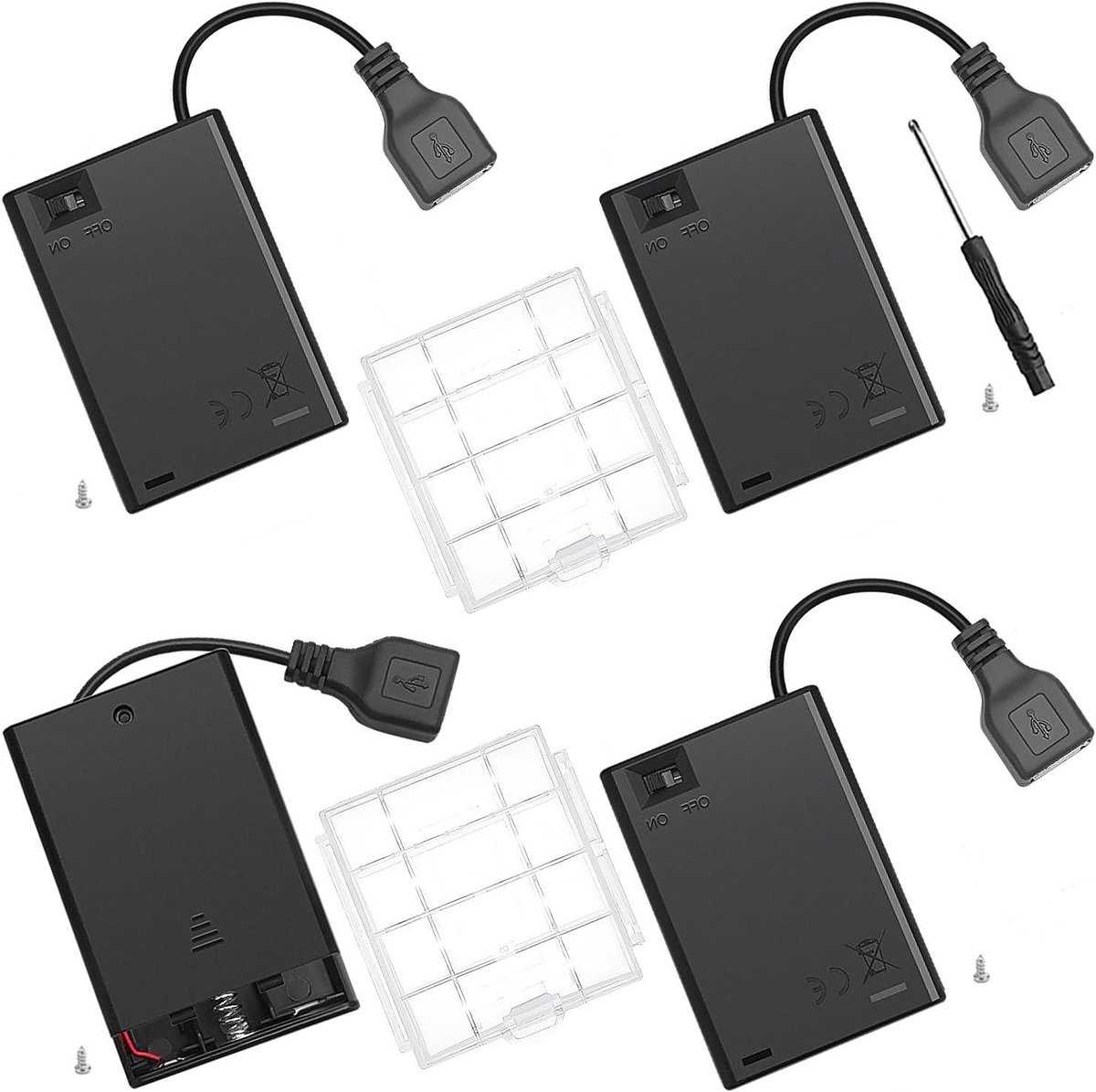 Batterijhouder met USB - AA Batterij Box - Elektronica Voeden - Met Aan/Uit Schakelaar - 4 Stuks - Zwart