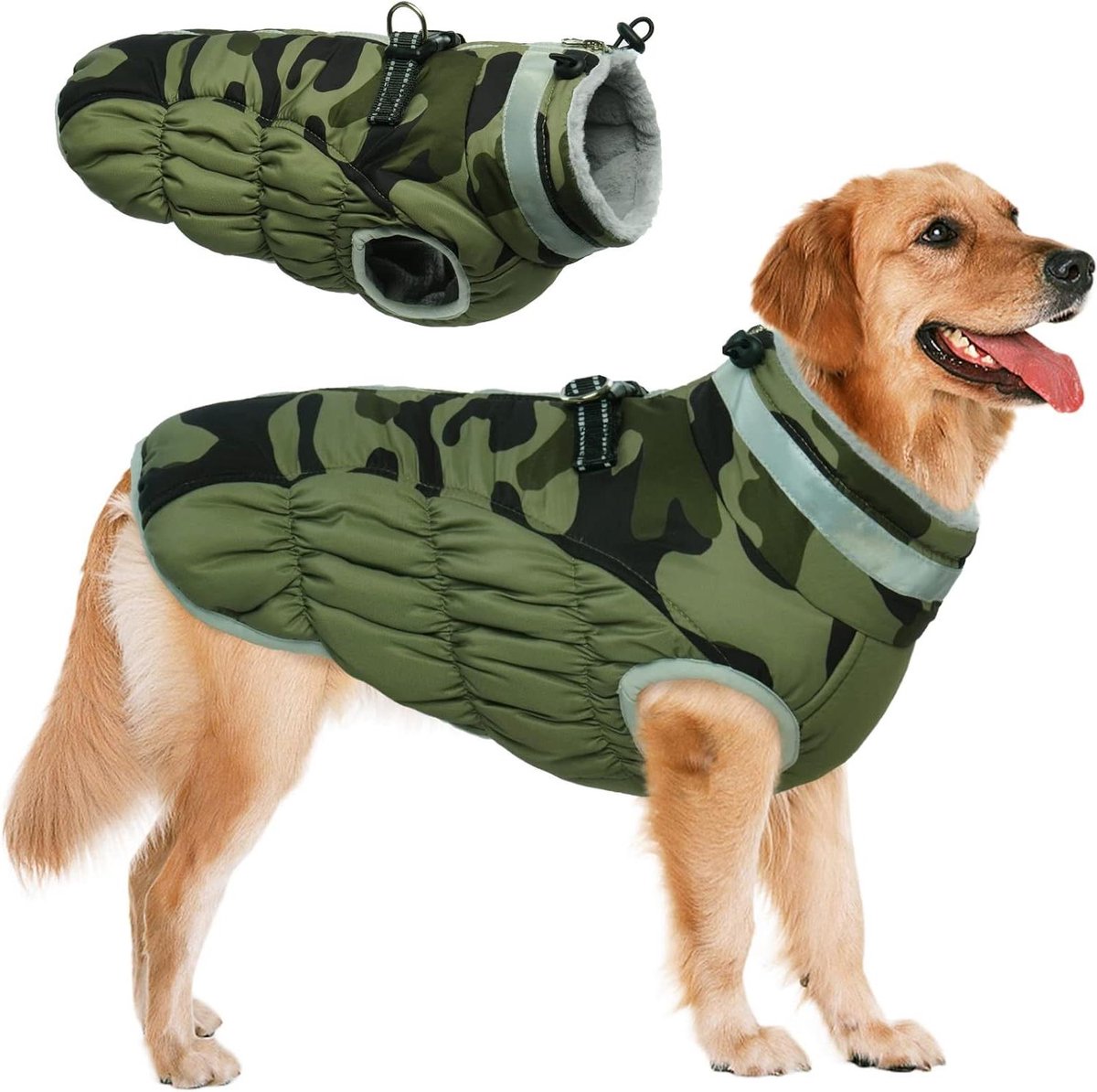 Hondenjas met Harnas - Winterjas Hond - Warm en Droog Blijven - Ingebouwd Reflecterend Vest - Verstelbare Hals - Camo