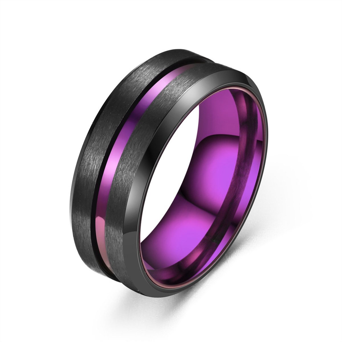 Walletstreet Wolfraam Band ring- RVS edelstaal-kleur-zwart met Paarse kleur motief -voor mannen en vrouwen-cadeau-Ideale geschenk