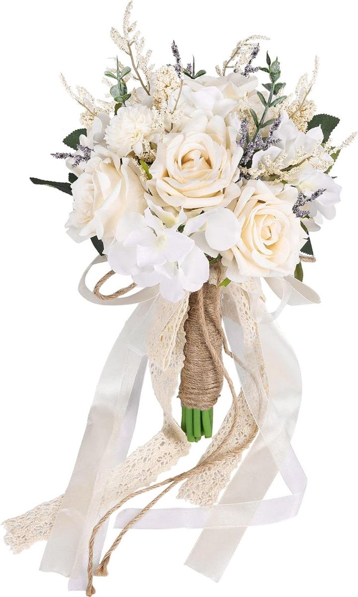 Bruidsboeket - Kunstbloemen Boeket - Bruiloft Decoratie - Zijde en Kunststof - 30 cm hoog 20 cm diameter - Wit Champagne