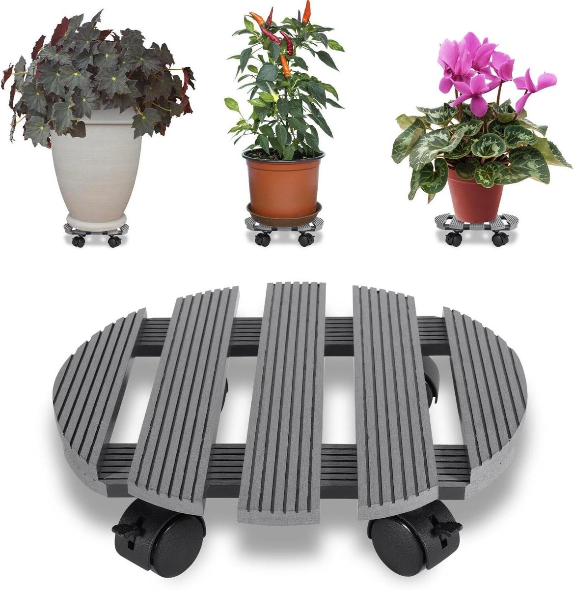 Plantenroller Rond - Bloemenroller Potten - Potten Verplaatsen - WPC Materiaal Waterdicht - 30 cm Diameter - Grijs