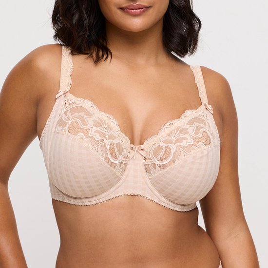 Nude bh met geruit patroon, kant aan de bovenkant van de cups en strikjes.