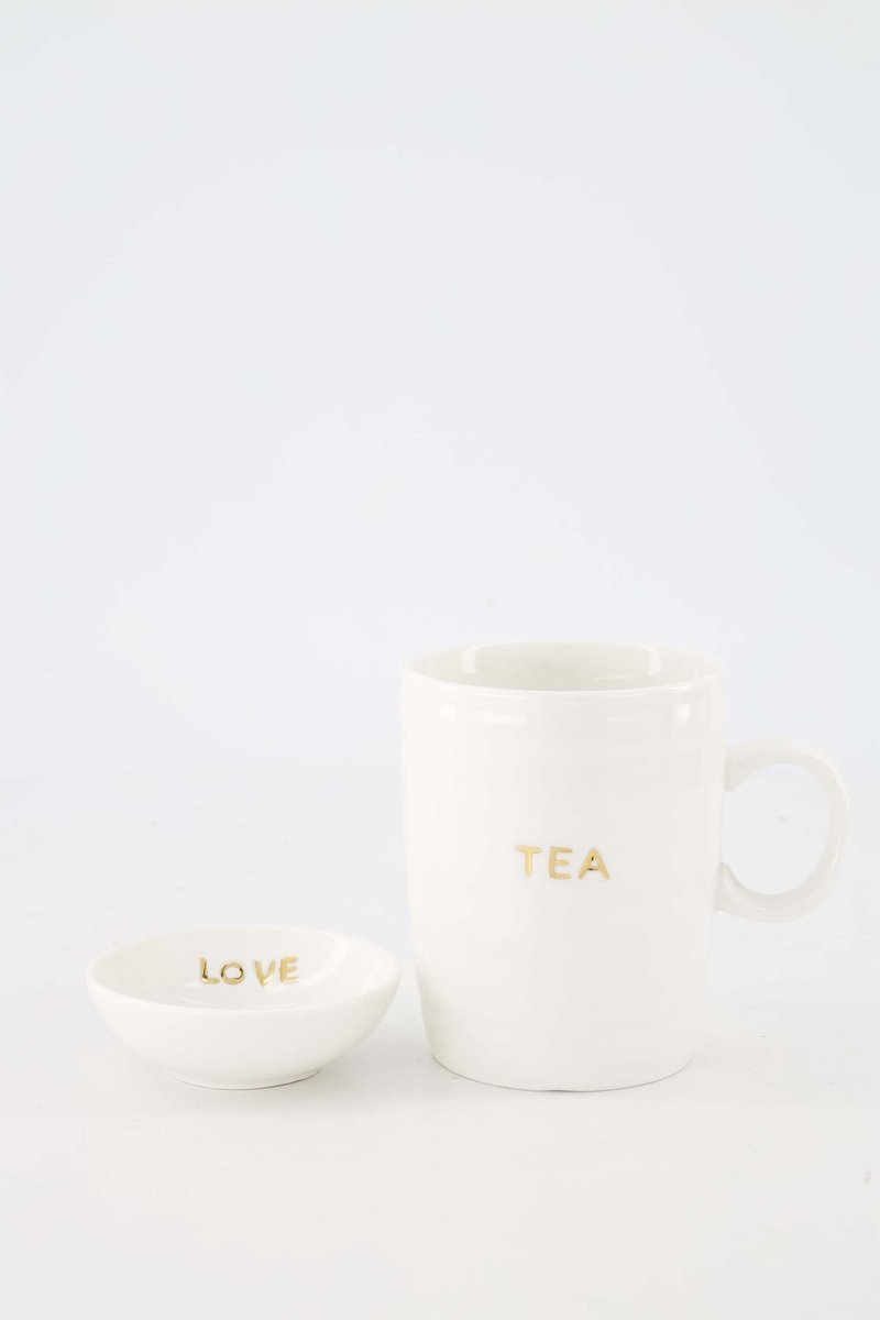 Zusss Set Van Een Theemok Tea Met Dipschaaltje Love Goud - Verjaardag Cadeau Dames Keramiek White / Gold