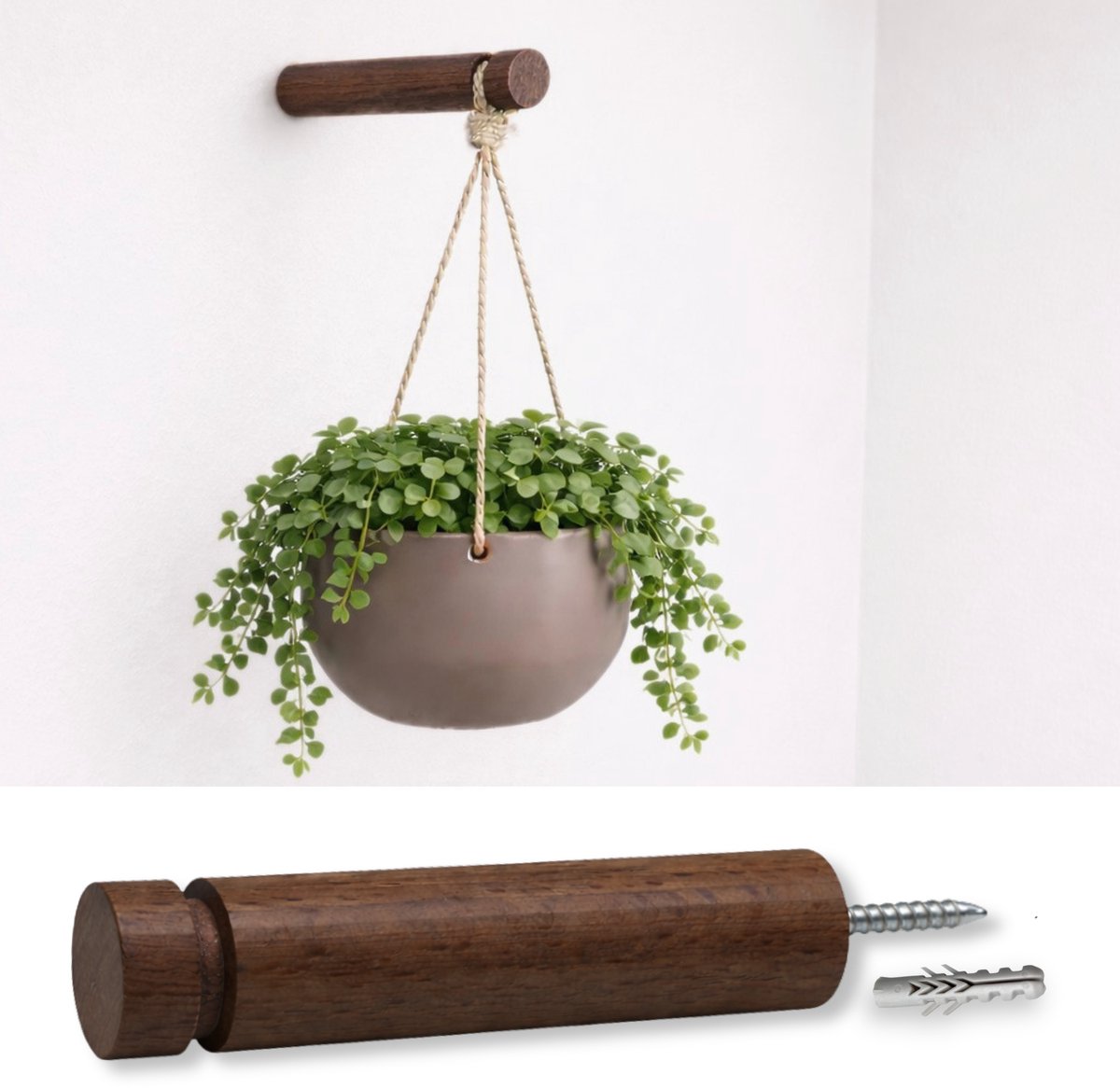 Hoya living - Plantenhaak - Walnoot hout ø24mm - Plantenhanger Wandhaak - incl. Zwart S-haakje