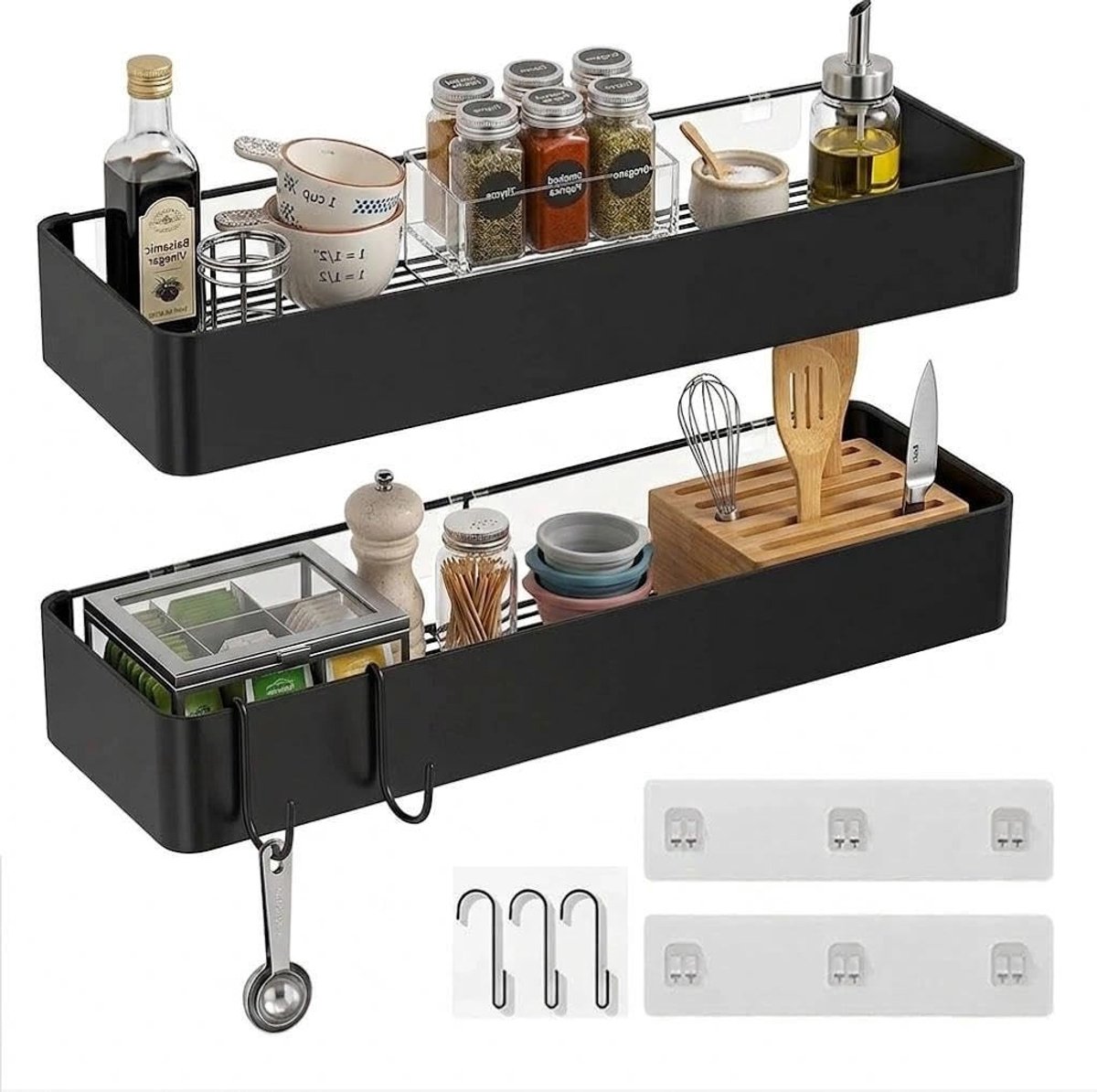 Doucheplank zonder boren voor badkamer en keuken, met haken en grote capaciteit, 2 stuks, ideaal voor shampoohouder en accessoires (zwart)