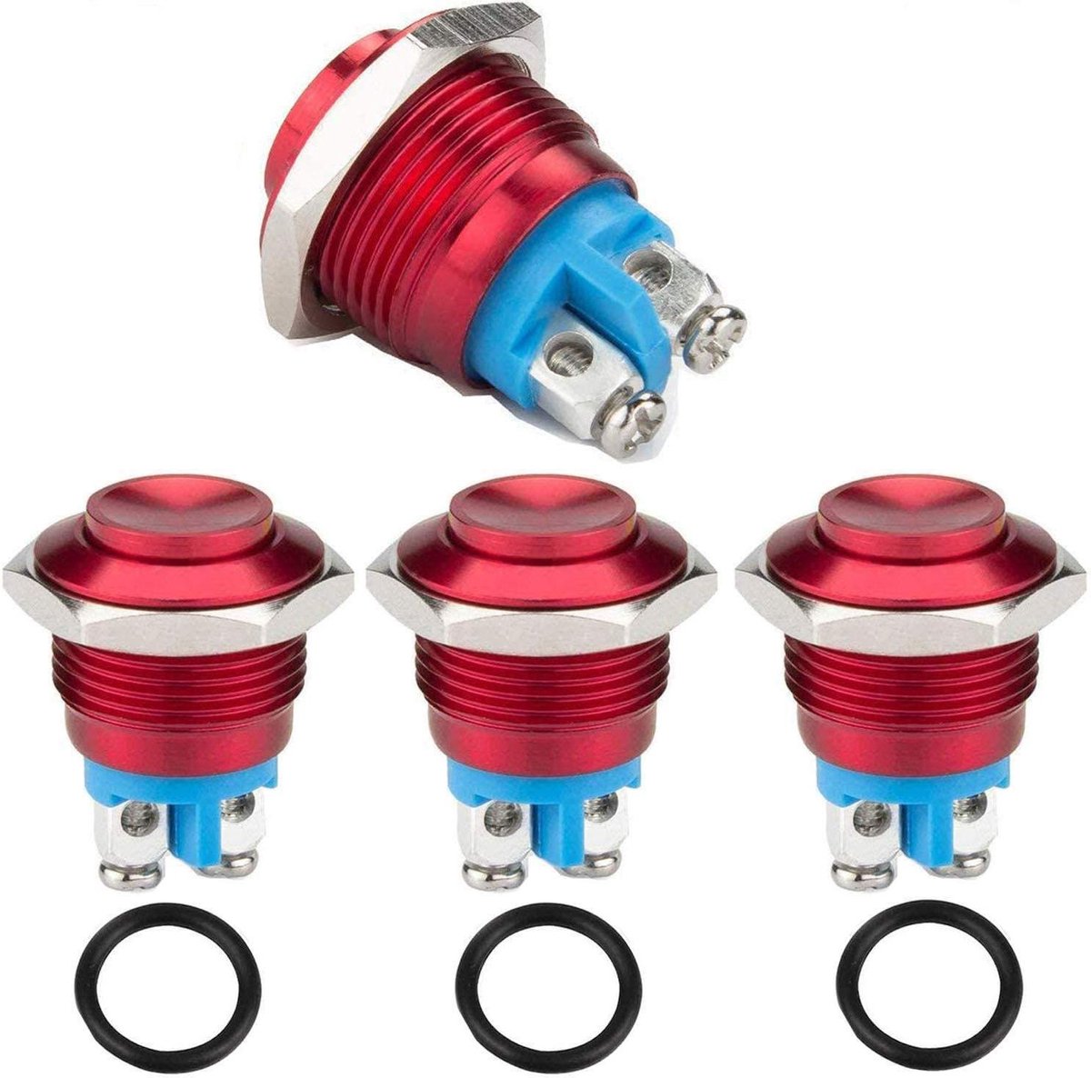 Drukknop Schakelaar - Moment Schakelaar - Starten en Stoppen - Roestvrij Staal - 16 mm - Rood