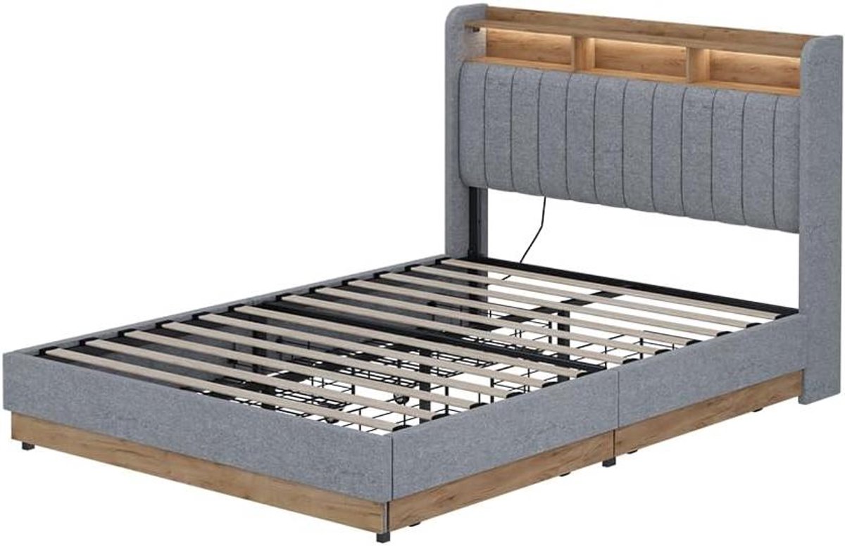 Gestoffeerd Bed - Opbergbed Bedframe - Slaapkamer Inrichten - Met LED Verlichting - 140x20