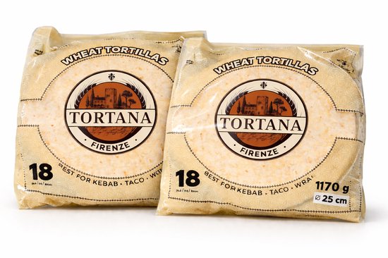 Twee verpakkingen met 18 Tortana tarwetortilla's van 25 cm.