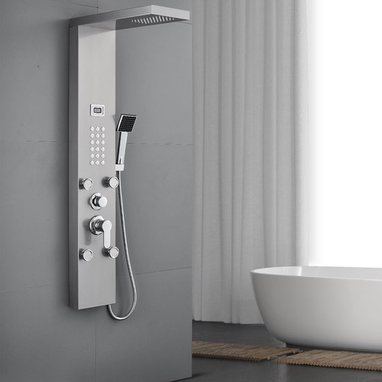 RVS douchepaneel met geborsteld staal afwerking, regen-, massage- en handdouchefunctie, met digitaal display.