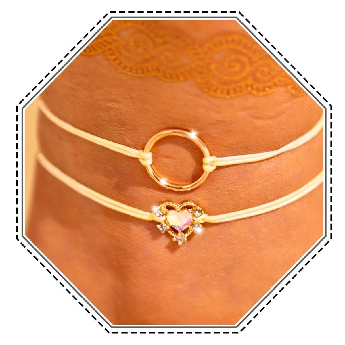 Cosensi - Boho Layered Anklets - Adjustable Anklets - Goudkleurig - Hart en Cirkel - Strandaccessoires - Voor Vrouwen en Meisjes
