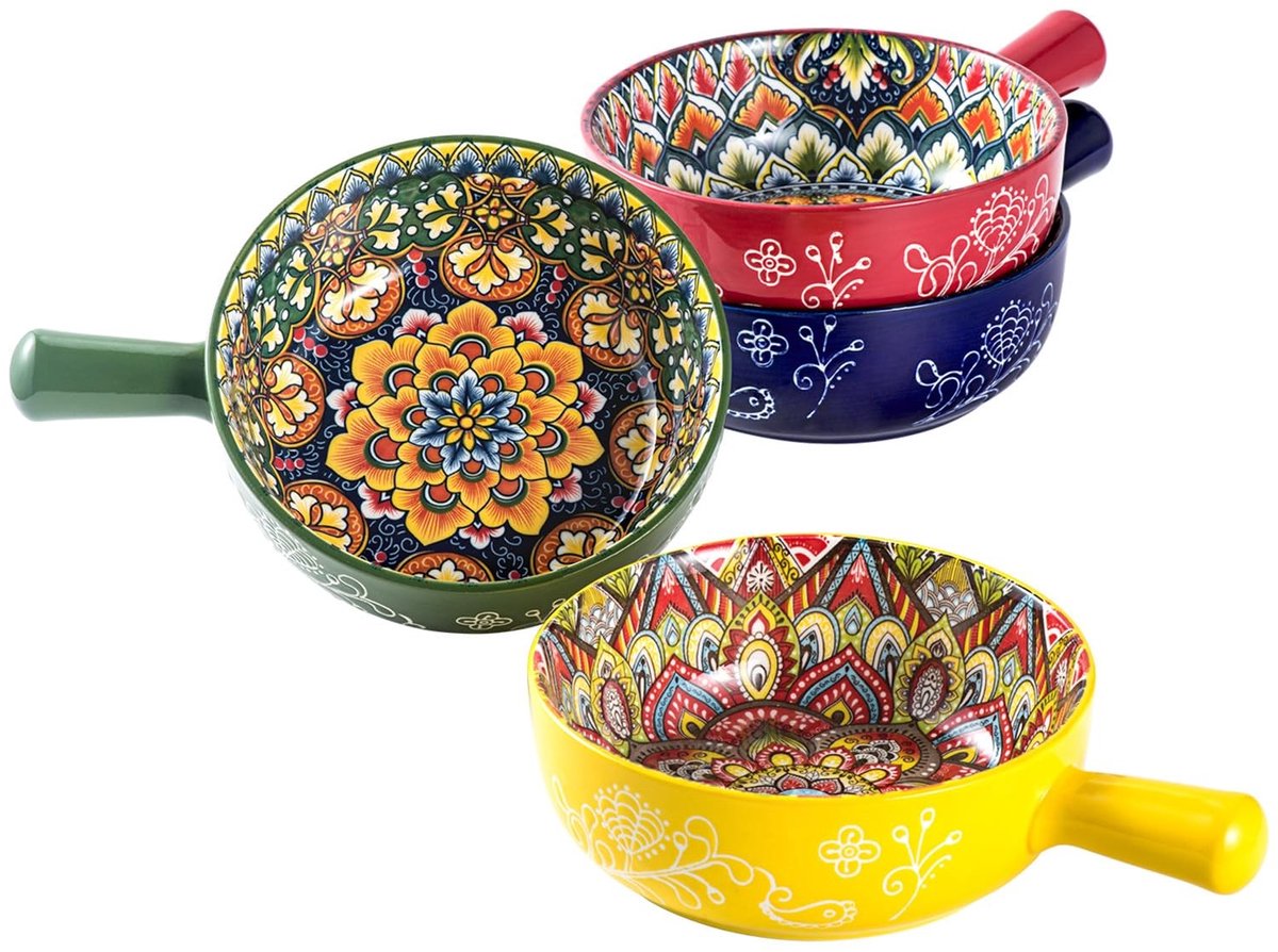 Cosensi - Bohemian Soup Bowls - Porselein - Set van 4 - Magnetron- en ovenbestendig - Kleurrijke soepkommen - Geschikt voor soep en chili - 740 ml