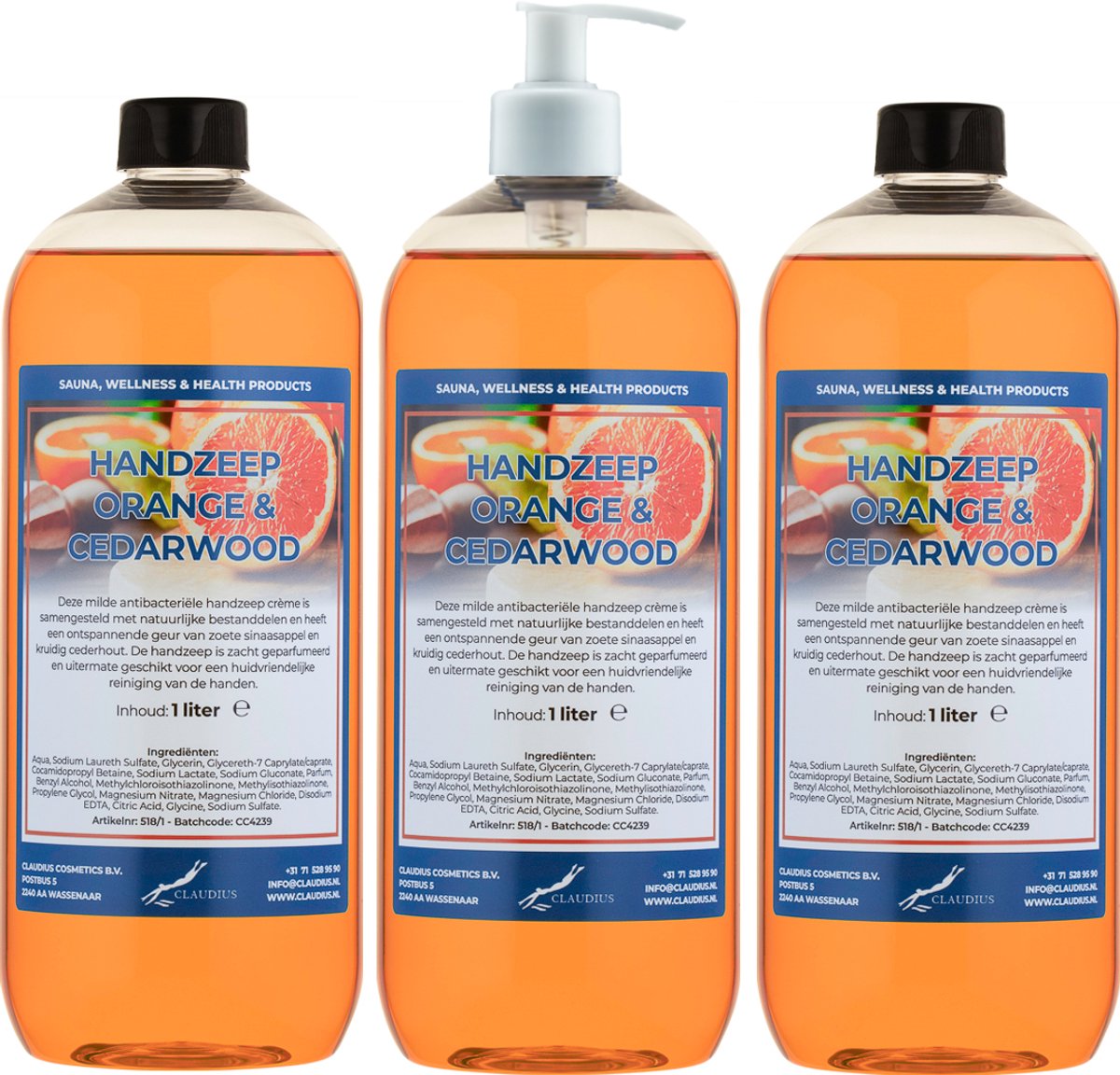 Handzeep Sweet Orange & Cedarwood 1 liter - set van 3 stuks - met gratis pomp - Voordeelverpakking