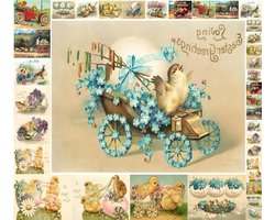 Decoupage Papierpakket (21 vellen 15 x 20 cm) kuikens en konijntjes rijden naar Pasen FLONZ vintage stijl paaskaarten foto's voor decoupage, knutselen en scrapbooking