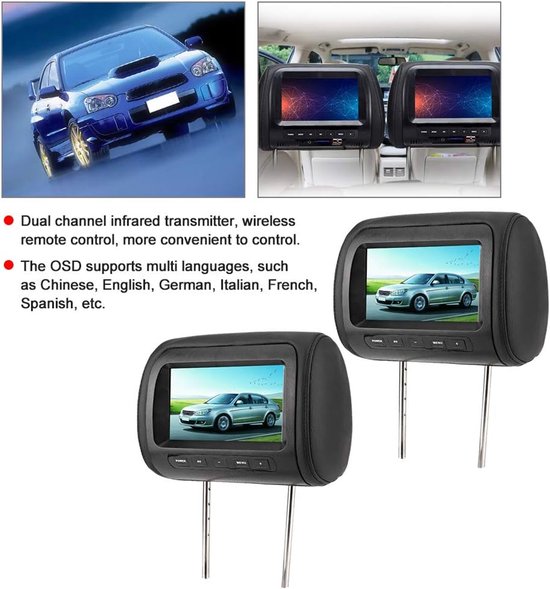 Hoofdsteun Speler - Auto Video Scherm - Reis Vermaak - Dubbele Infrarood Zender - 7 inch - Zwart — afbeelding 4