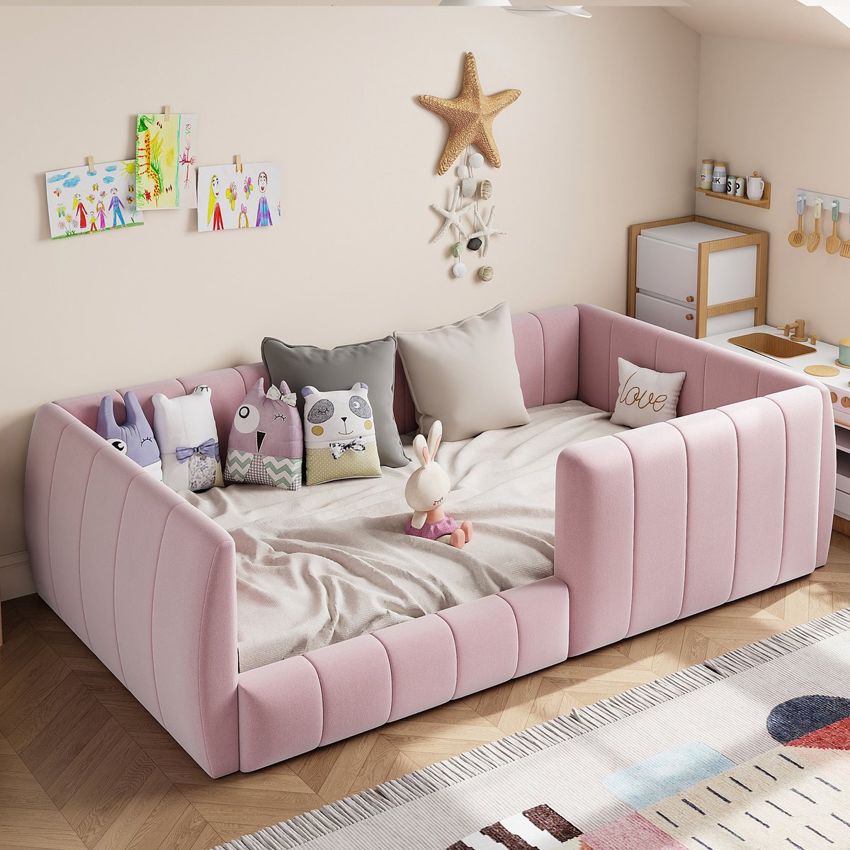 PHOEBE CAT Kinderbed - 90 x 200 cm - Gestoffeerd bed - Met veiligheidshek - Roze