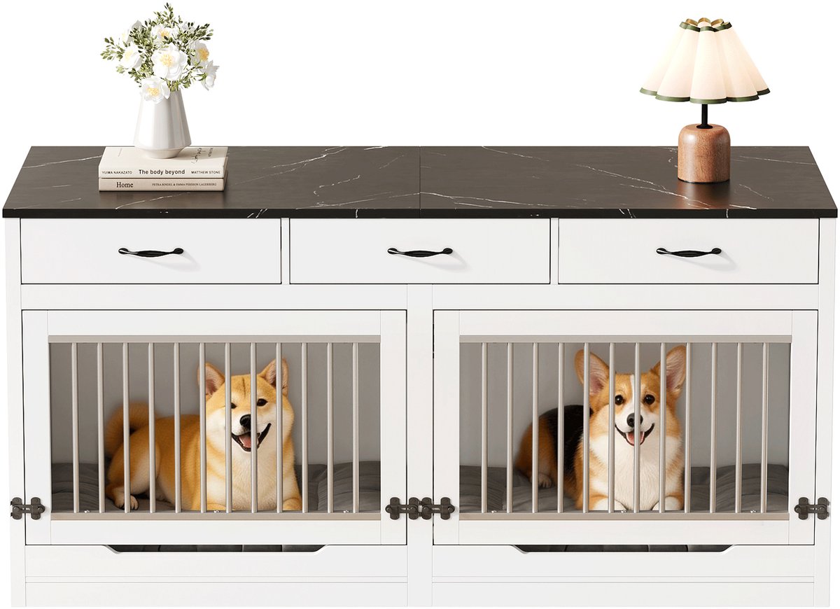 Hondenbench meubel voor 2 honden met 3 lades, uitneembare scheidingswand, opklapbaar blad, wit/zwart 164x60x81 cm