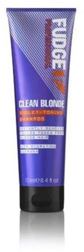 Shampoing déjaunisseur violet Fudge Clean Blonde, tube violet avec lettrage orange et blanc.