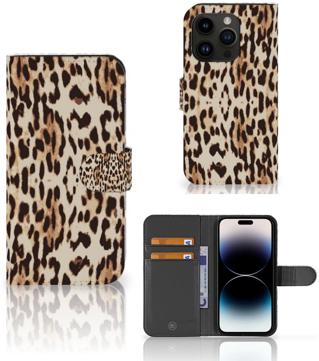 Book Case voor iPhone 15 Pro Telefoonhoesje met Pasjes Leopard