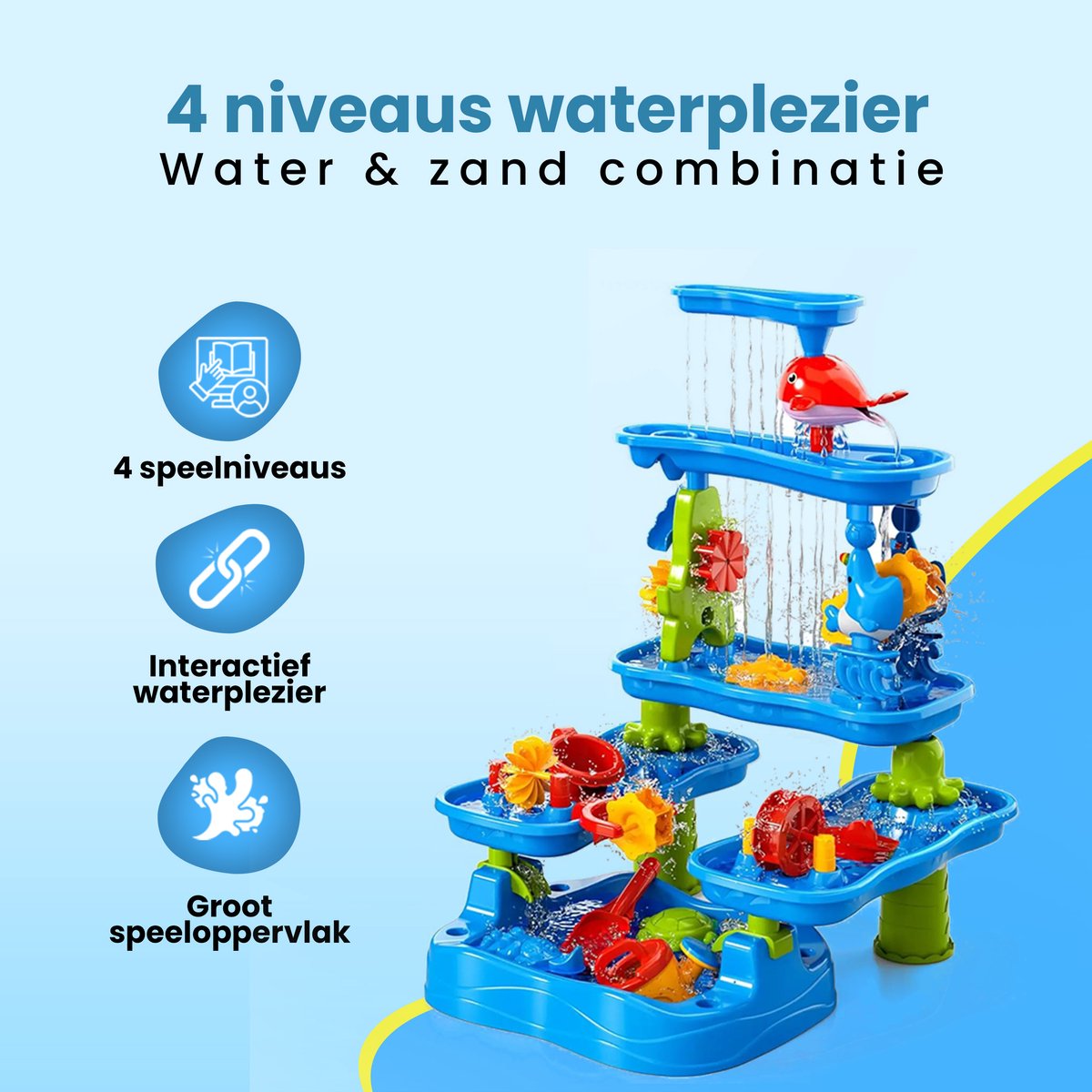 Kiddel XXL Watertafel/Zandtafel Kind – 4in1 Speeltafel – 4 Verdiepingen – Incl. Schepjes, Gietertjes & Zandvormpjes – Buitenspeelgoed — afbeelding 3