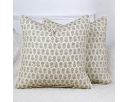 HOSTECCO Kussenslopen met bloemenblokprint, 45,7 x 45,7 cm, set van 2, beige vintage boerderij kussenslopen met biesranden, decoratieve sierkussens in boho-accent voor bed, bank, bank