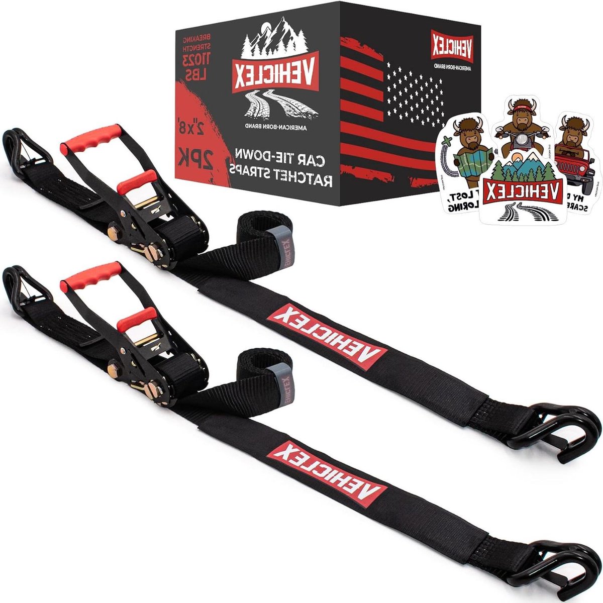 Auto Tie Downs - Spanbanden Aanhanger - Voertuig Transport - Dubbele J-haken - 5 cm x 2.4 m - Zwart