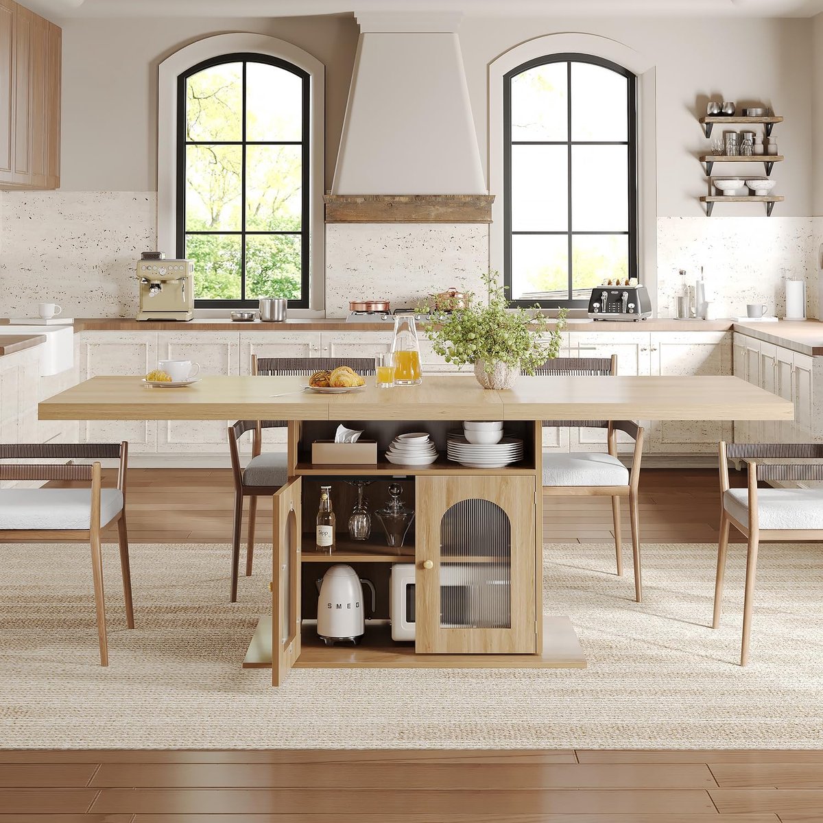 Eettafel met opbergruimte 160x80 cm – rechthoekige houten eettafel met kast en verstelbare planken voor 4-6 personen – landelijke keuken- en eetkamertafel in eikenlook – Urbanhome