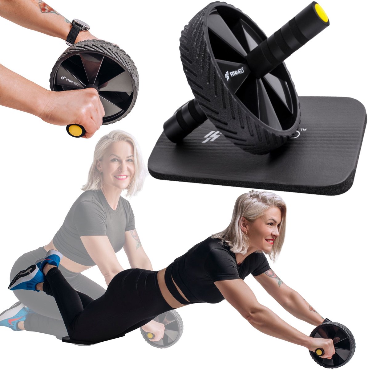 Fit4Med PRO+ - Buikspierwiel - Ergonomische Handgreep - Antislip - Inclusief Mat