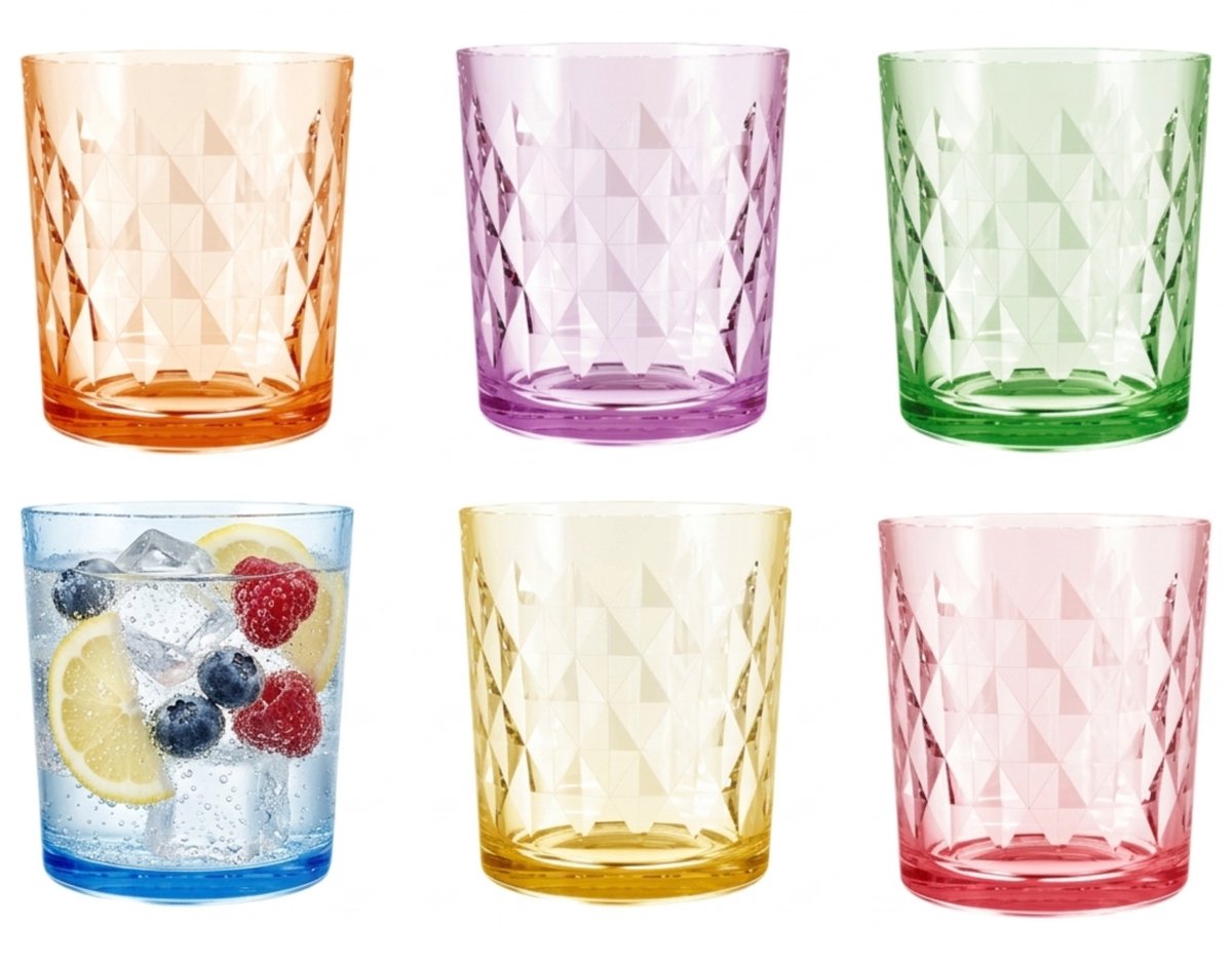 Waterglazen/drinkglazen Summer Diamant - 6x - glas - transparant kleurenmix - 360 ml