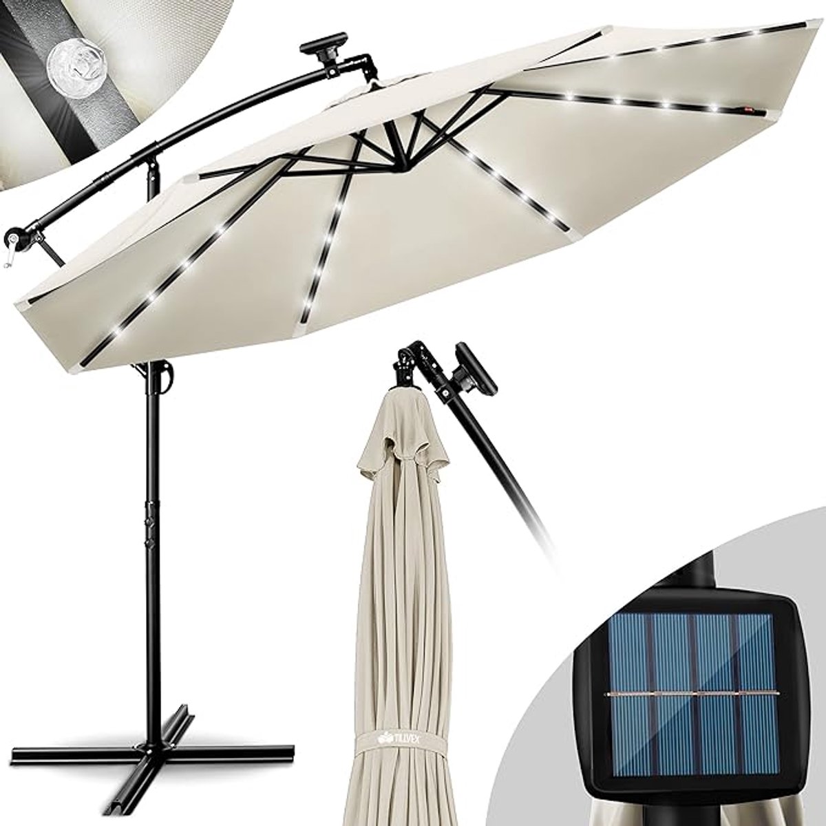 Zweefparasol Ø 300 cm met LED verlichting & zonnepaneel – Kantelbaar, Aluminium, Inclusief Voet & Beschermhoes, UV50+ Waterafstotend Tuinparasol – Nicolehome