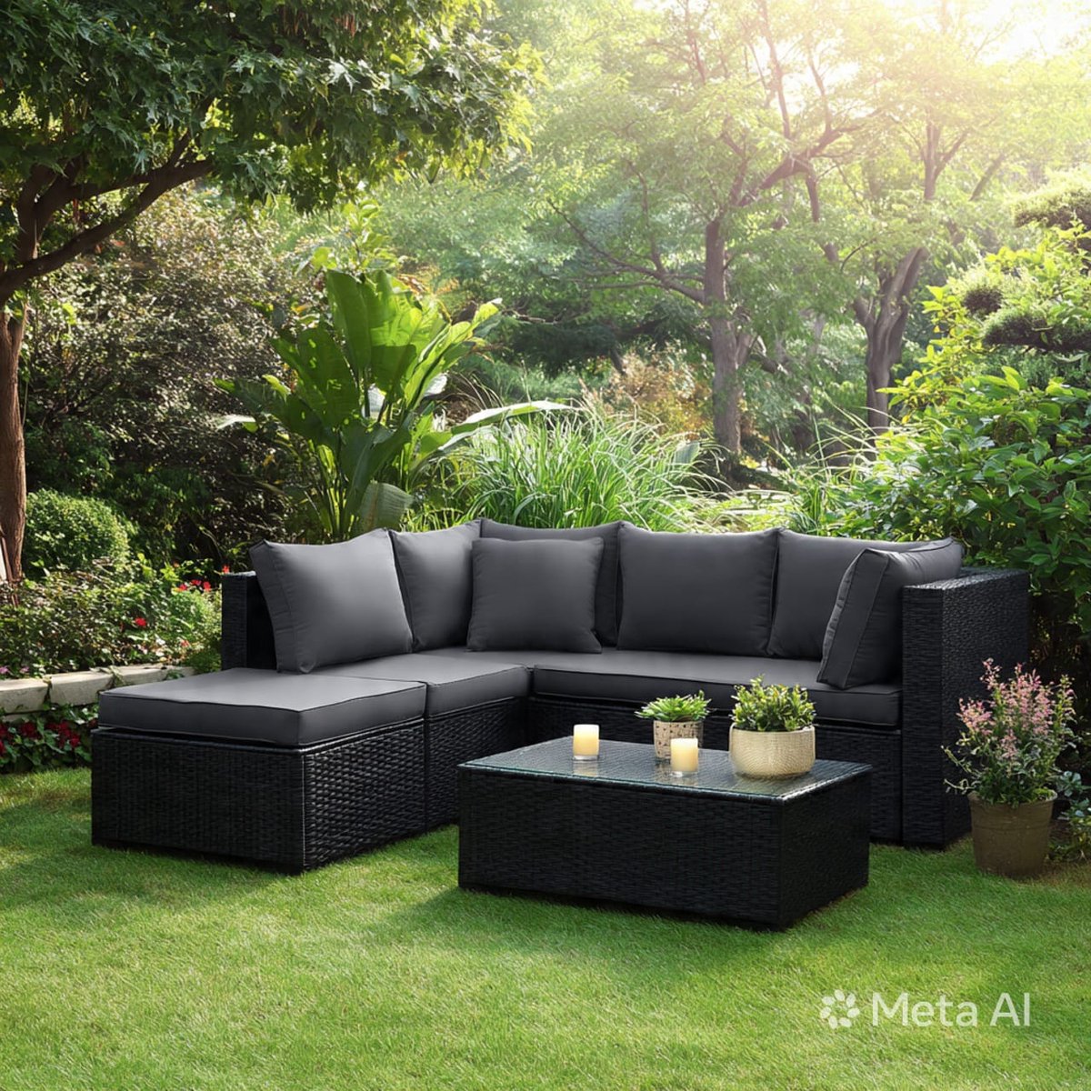 Tuinmeubelset Polyrotan Loungeset 3-4 Personen met Hoekbank, Kruk en Tafel 195x140x75 cm – Zwart/Grijs Balkon en Terras Meubelen Weerbestendig met Kussens – Urbanhome