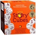 Doos van Rory's Story Cubes met dobbelstenen met afbeeldingen van een huis, klok, bloem, schaap, piramide, vraagteken, en een 'L'.