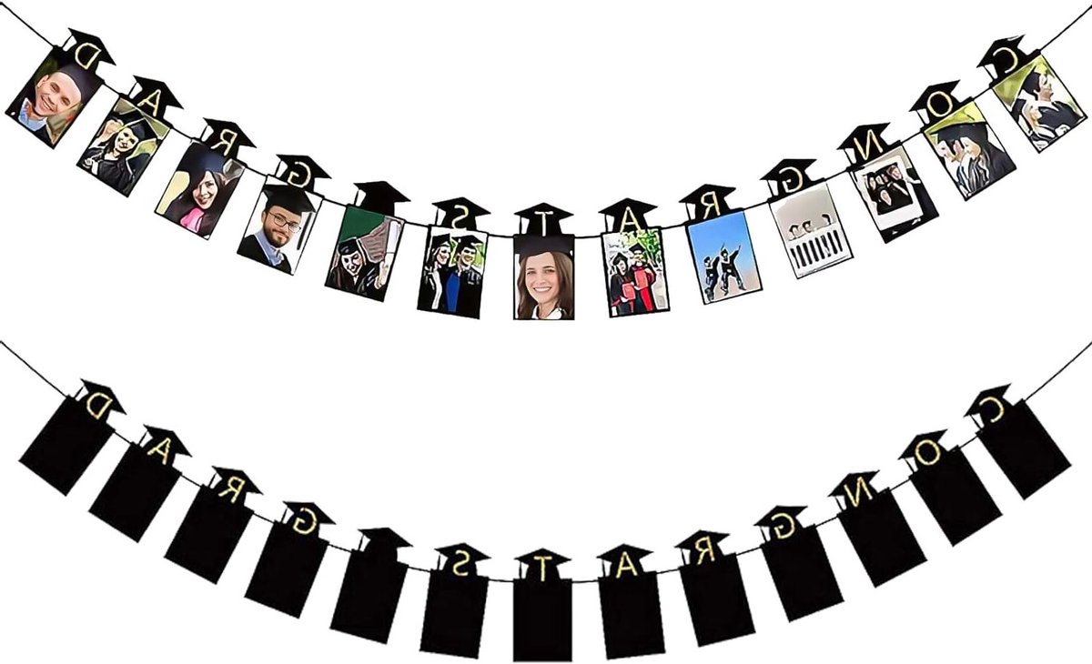 Feestelijke Afstudeerdecoratie - Trofee Banner met Foto's, We Zijn Zo Trots Op Je, Gouden Bunting en Versiering