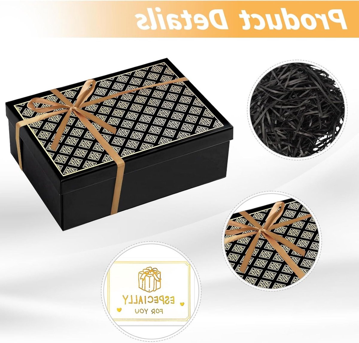 Cadeaubox met Deksel, 25 x 18 x 8,5 cm, Inclusief Strikken, Wenskaarten en Raffia Vulmateriaal voor Verjaardag, Moederdag en Kerstmis