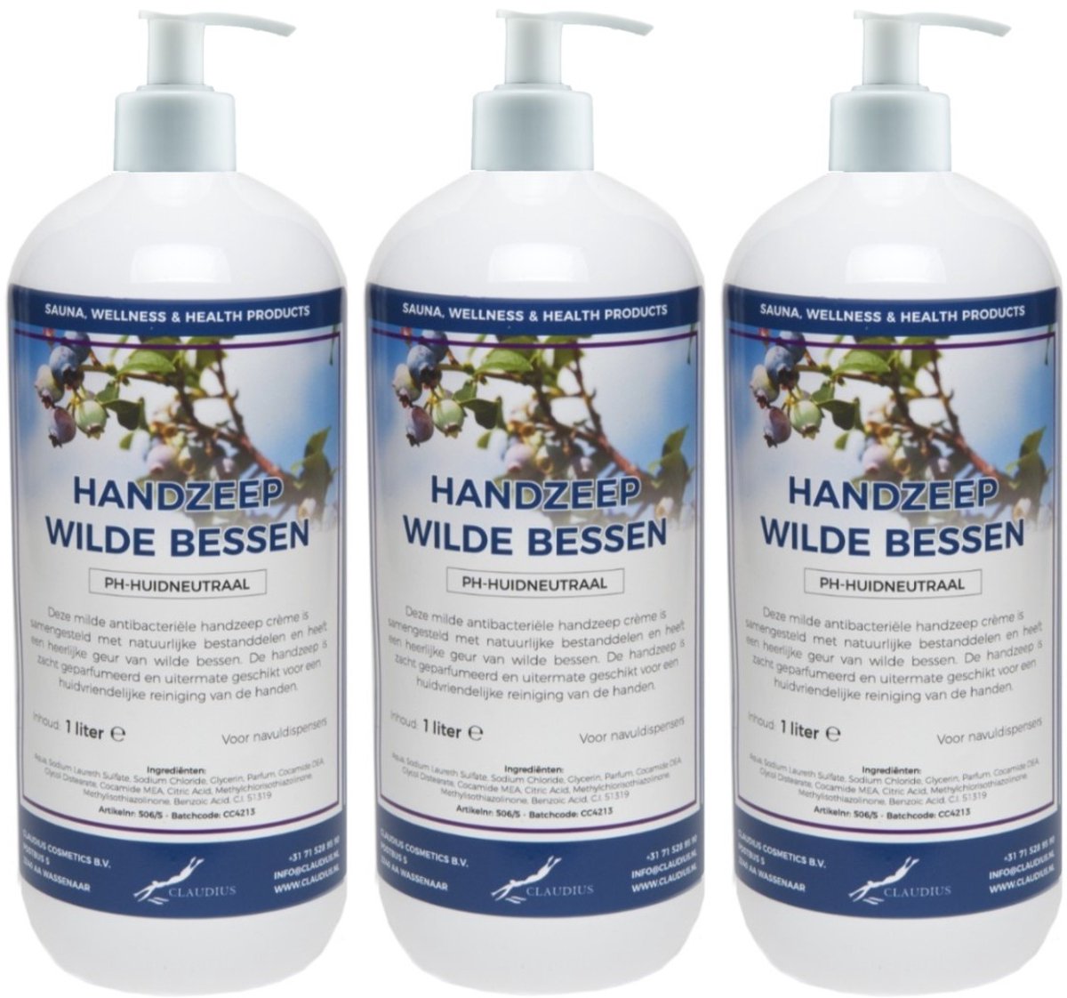 Handzeep Wilde Bessen 1 liter - set van 3 stuks - met gratis pomp - Voordeelverpakking