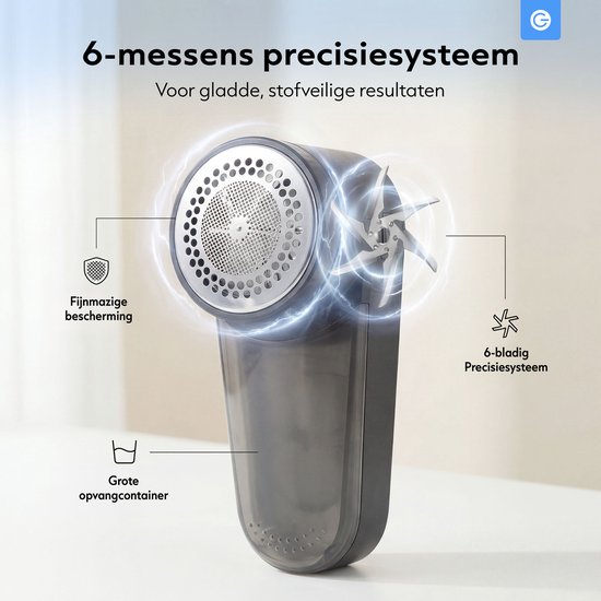 Gedetailleerd zwart pluizenverwijderaar met 6-bladig precisiesysteem en fijne mesbescherming.