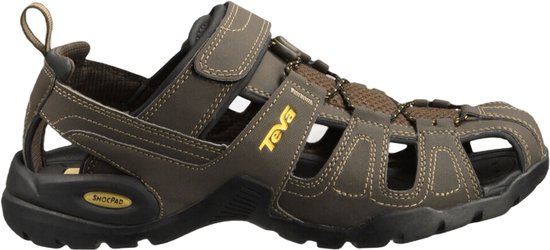 Bruine Teva sandalen met "Teva" logo, klittenbandsluiting en veters.