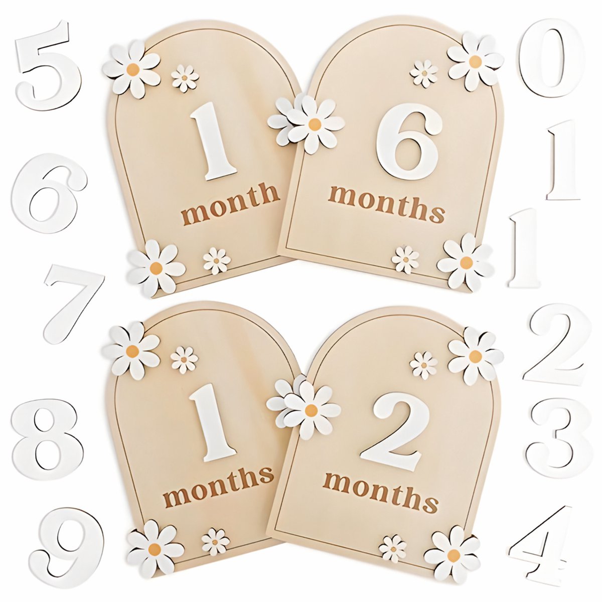 Baby Mijlpaal borden - 1 tot 12 maanden - Houten borden - Kraam cadeau - Thema bloemen & Neutraal - Maandkaarten - Baby shower cadeau