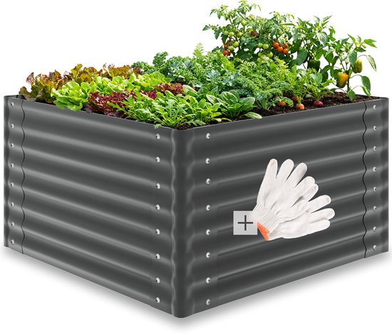 tectake® Verhoogde Plantenbak Blomma - Bloembakken voor buiten Rechthoekig - Inclusief Werkhandschoenen - Verzinkt Staal - Stabiel en Weerbestendig - 100 x 100 x 62 cm - Tuinbed voor Kruiden, Groenten en Bloemen - Antraciet