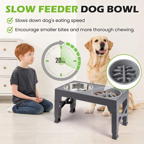 Grijze, verhoogde dubbele voerbak, met slow feeder functie. Een jongen en een hond kijken ernaar. Tekst: 'Slow Feeder Dog Bowl'.