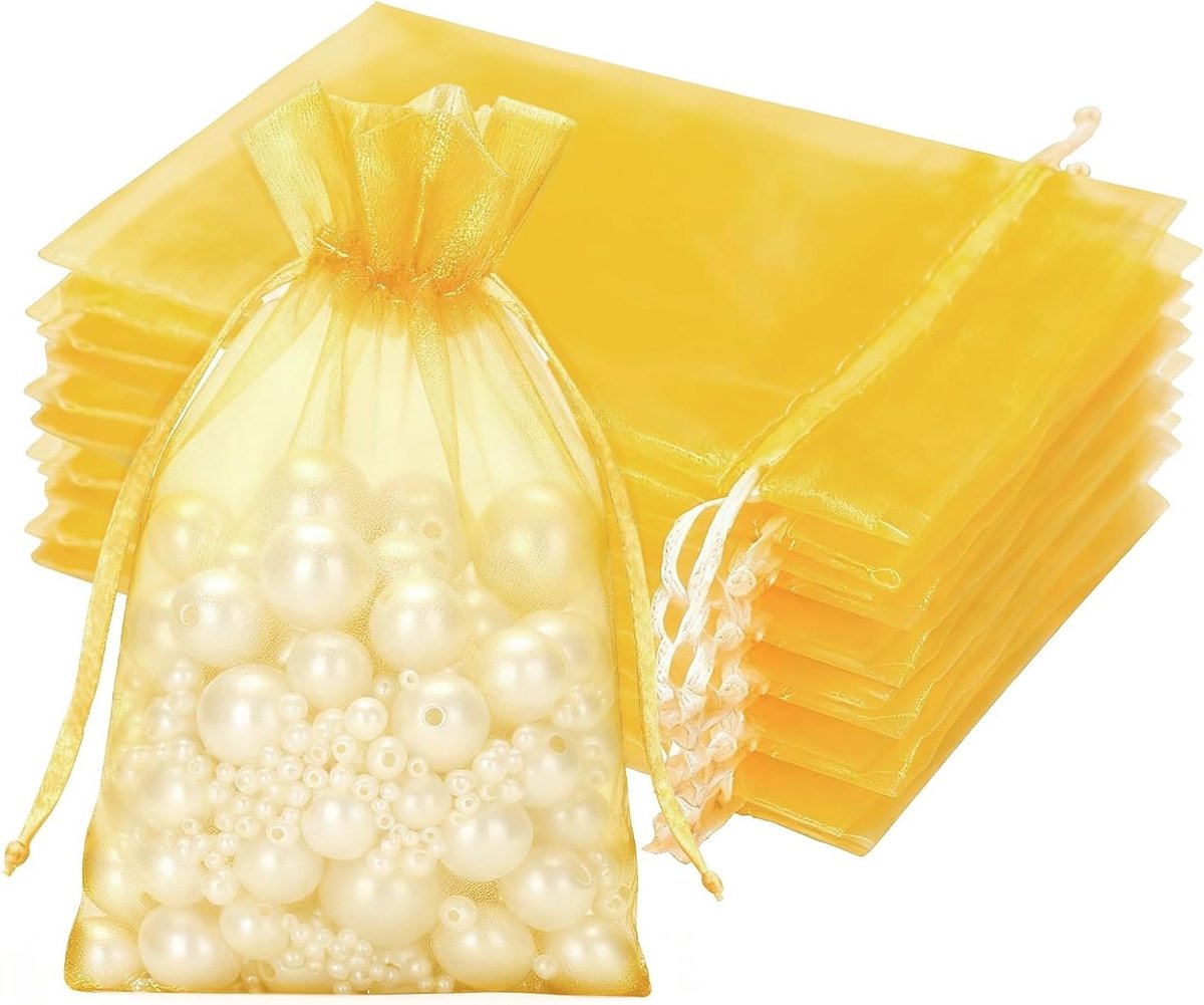 Set van 50 Gouden Organza Zakjes 10 x 15 cm met Trekkoord - Trouwen, Sieraden, Cadeauverpakking