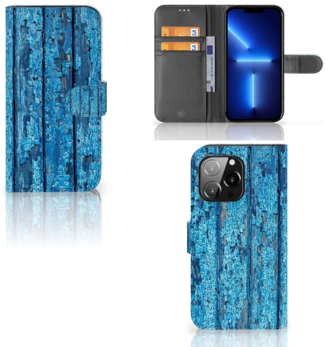iPhone 13 Pro Book Style Case Wood Blue